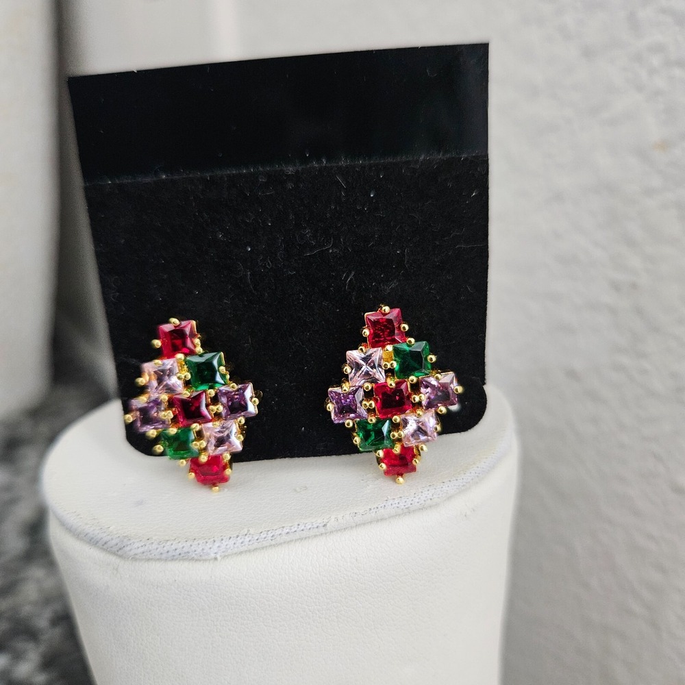 Multicolor Cluster Earrings Gold Tone Princess Cut Red Green Purple Latch Back